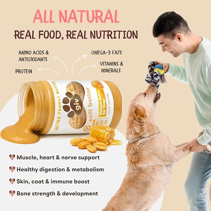 Dog Peanut Butter - All Natural Human Grade - 2 Ingredients (Peanuts & Honey) - Perfect for Pill Pockets, Lick Mat, Training Treats and Healthy Food, 4oz Pouches (6 Count)