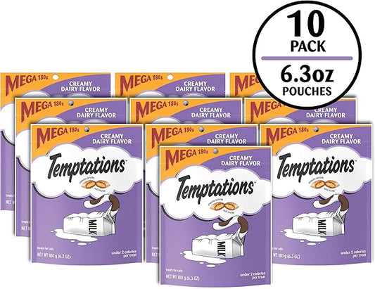 Temptations Cat Treats, Classic Crunchy and Soft Cat Treats, Creamy Dairy Flavor, 6.3 oz. Pouch (Pack of 10)