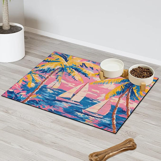 Palm Tree Dog Food Mat for Floors Absorbent, Quick Dry Water Dispenser Mat for Food, Water, Pet Supplies 24" x 32", Colorful Sailboat