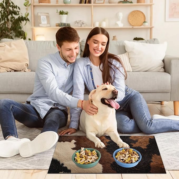 Cow Print Dog Food Mat for Floors Absorbent Dog Bowl Mat for Food and Water Dispenser Quick Dry Cat Food Placemat Pet Supplies 24" x 32", Farm Skin