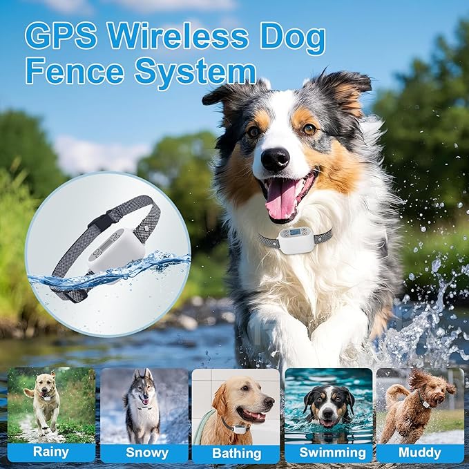GPS Wireless Dog Fence System with App Control - No Subscription & No Wire, up to 984 FT IPX7 Waterproof Electric Pet Containment Collar with Beep/Vibration/Shock, Support up to 5 Dogs(White)