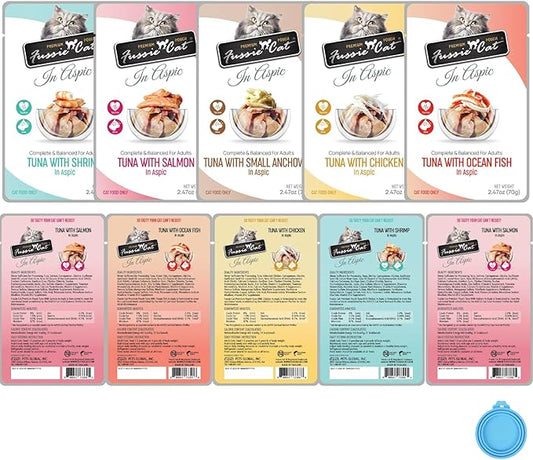 Fussie Cat Premium Wet Cat Food in Aspic (5 Pack) 2.47-oz Pouches, 5 Flavor Variety Pack+ lid