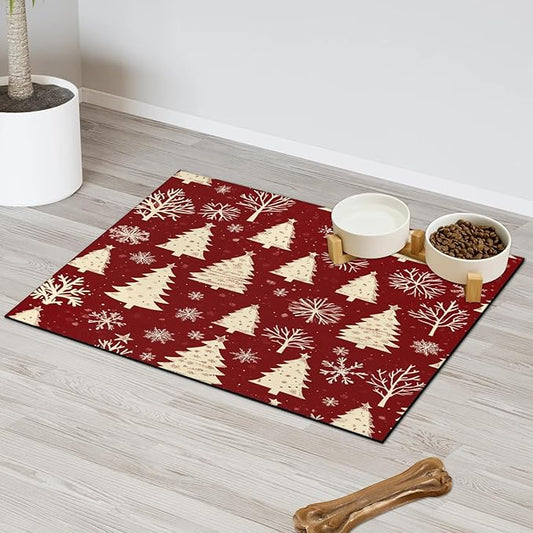 Xmas Tree Dog Food Mat for Floors Absorbent, Quick Dry Water Dispenser Mat for Food, Water, Pet Supplies 16" x 24", Christmas Snowflakes
