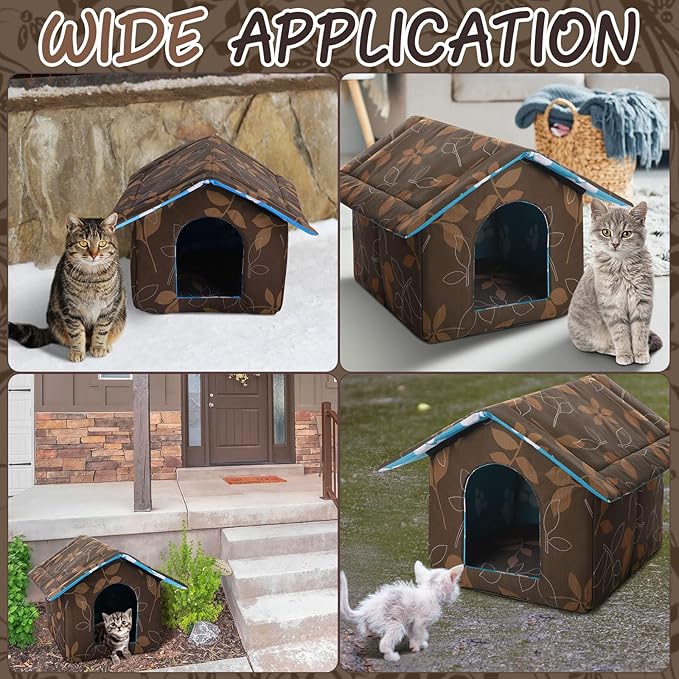 Cat House Outdoor Waterproof Houses for Feral Cats Dogs Pet Shelter Collapsible Dog House with Self Warming Pad Blanket, 3 Pcs Tent Stakes(14 x 12 x 13 Inch)