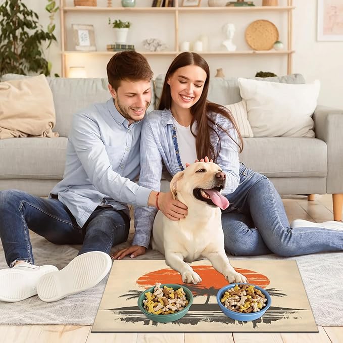 Hawaiian Sunset Dog Food Mat for Floors Absorbent, Quick Dry Water Dispenser Mat for Food, Water, Pet Supplies 12" x 20", Palm Tree