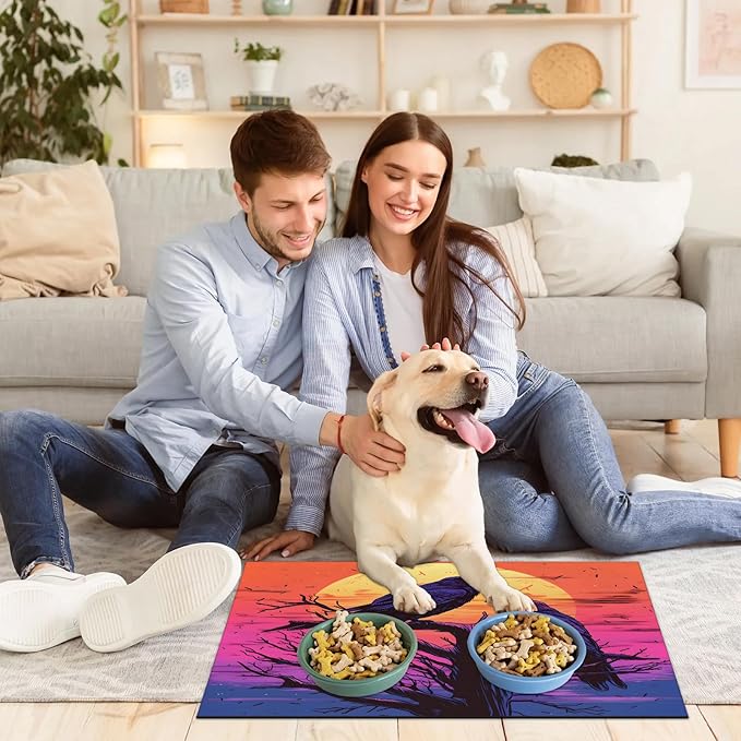 Halloween Crow Dog Food Mat for Floors Absorbent, Quick Dry Water Dispenser Mat for Food, Water, Pet Supplies 12" x 20", Full Moon