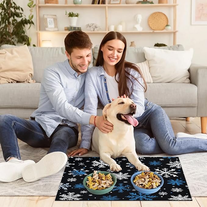 Christmas Snowflake Dog Food Mat for Floors Absorbent, Quick Dry Water Dispenser Mat for Food, Water, Pet Supplies 24" x 32",