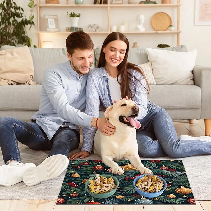 Christmas Holly Dog Food Mat for Floors Absorbent, Quick Dry Water Dispenser Mat for Food, Water, Pet Supplies 24" x 32", Xmas Ball Star