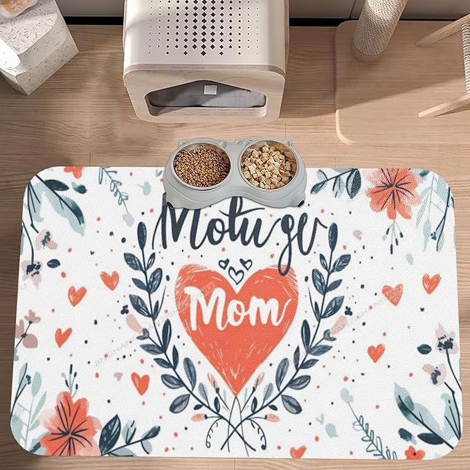Pet Feeding Mat for Dogs Cats Happy Mother's Day Floral Gift for Mom Iq Absorbent Dog Food Mat Non-Slip Waterproof Placemat Quick Dry Pet Supplies Bowl Mats