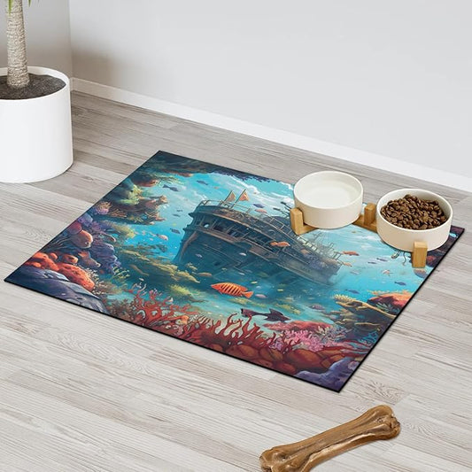 Pirate Ship Dog Food Mat for Floors Absorbent, Quick Dry Water Dispenser Mat for Food, Water, Pet Supplies 24" x 32", Ocean Sea