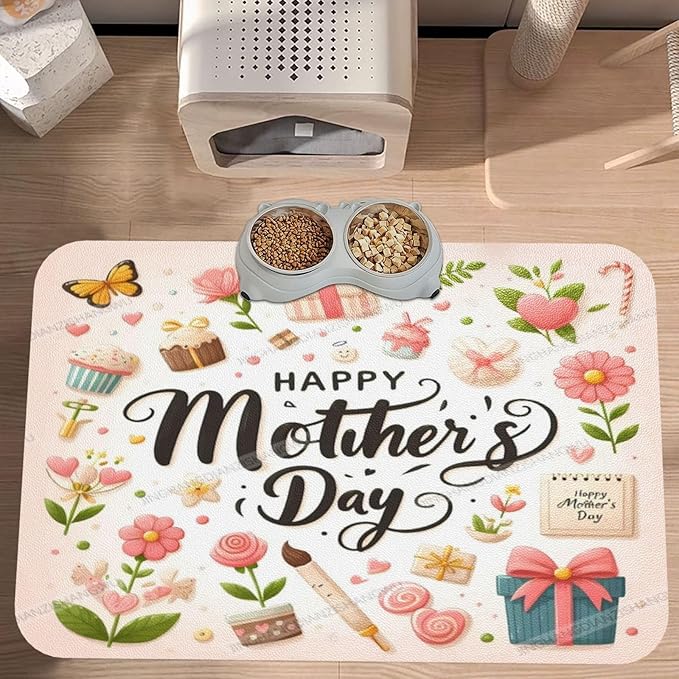 Pet Cat Dog Food Mat Absorbent Dog Feeding Mat Happy Mother's Day Floral Gift Mom L No Stains Cat Food Mats Indoor Pet Supplies Dogs Placemat Water Bowl Mats with Rubber Backing 24x16In
