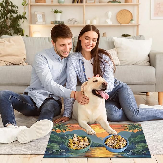 Sea Mountain Dog Food Mat for Floors Absorbent, Quick Dry Water Dispenser Mat for Food, Water, Pet Supplies 17" x 30", Palm Tree