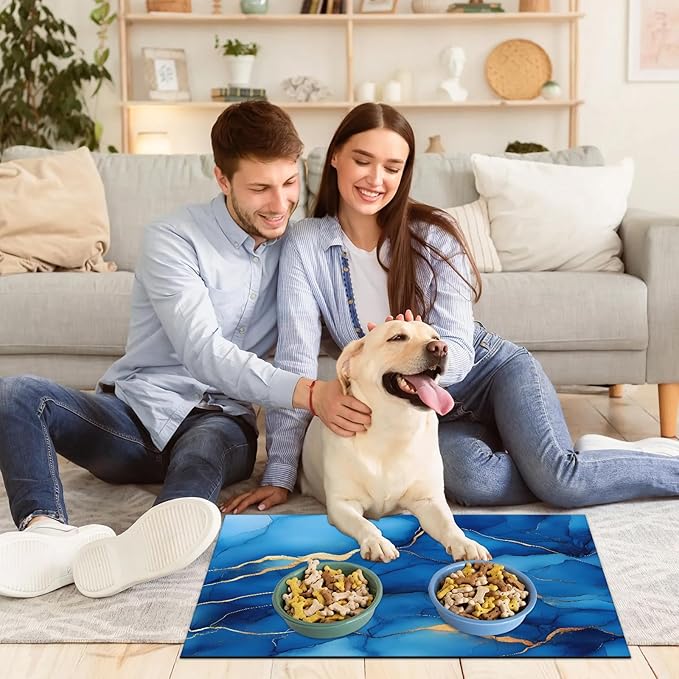 Navy Blue Marble Dog Food Mat for Floors Absorbent, Quick Dry Water Dispenser Mat for Food, Water, Pet Supplies 12" x 20", Marble