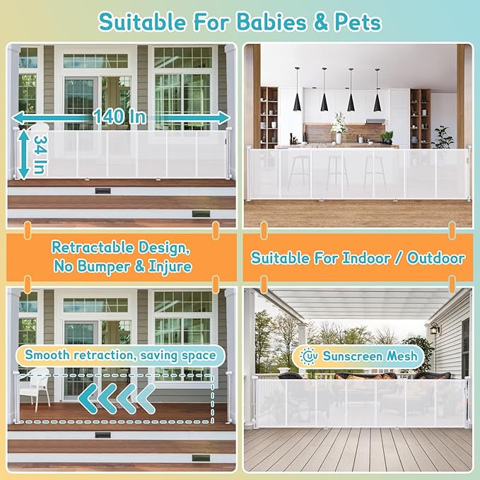 140'' Retractable Baby Gates Extra Wide,34" Tall Retractable Dog Gate for Doorways, Security Upgrade Reinforcement Rods 11 Foot Retractable Baby Gate for Stairs, Indoor/Outdoor Retractable Gate