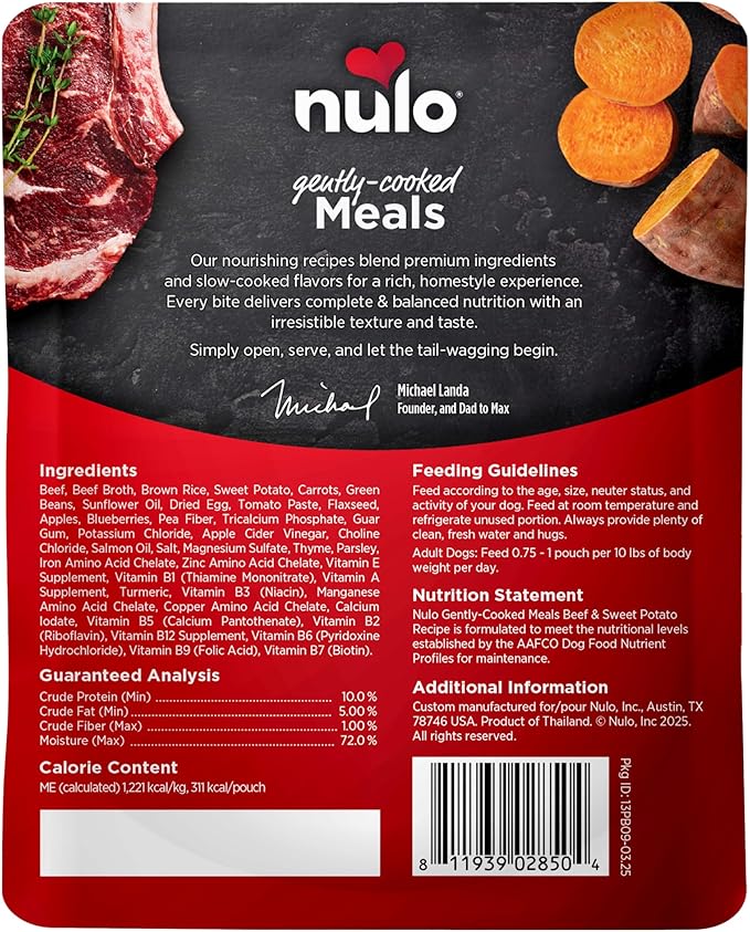 Nulo Gently-Cooked Meals Complete and Balanced Adult Wet Dog Food, Beef & Sweet Potato, 9 Oz (Pack of 8)