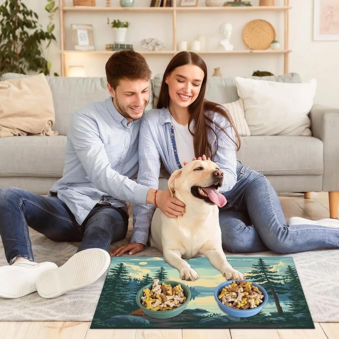Mountain River Dog Food Mat for Floors Absorbent, Quick Dry Water Dispenser Mat for Food, Water, Pet Supplies 12" x 20", Nature Scenery