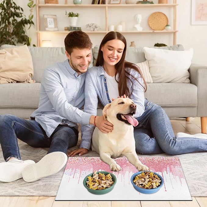 Ice Cream Dog Food Mat for Floors Absorbent Dog Bowl Mat for Food and Water Dispenser Quick Dry Cat Food Placemat Pet Supplies 16" x 24", White Pink Cream