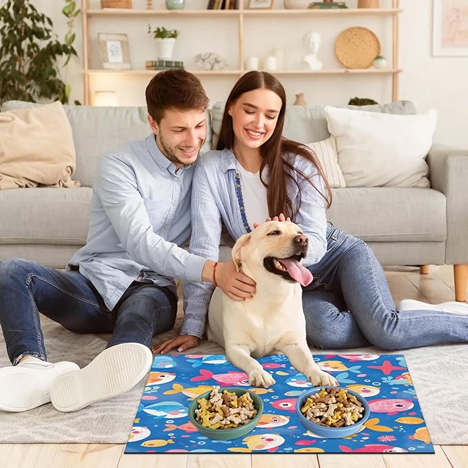 Cute Fish Dog Food Mat for Floors Absorbent Dog Bowl Mat for Food and Water Dispenser Quick Dry Cat Food Placemat Pet Supplies 16" x 24", Ocean