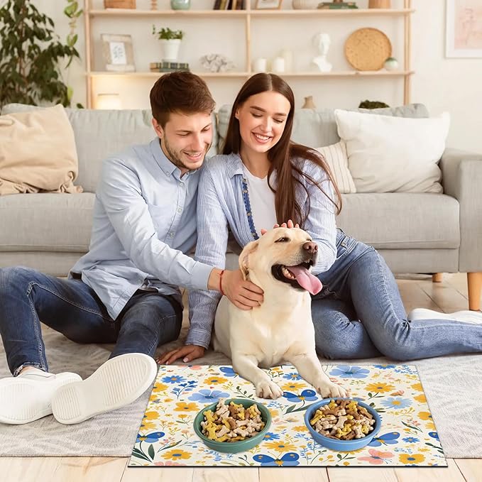 Spring Butterfly Dog Food Mat for Floors Absorbent, Quick Dry Water Dispenser Mat for Food, Water, Pet Supplies 12" x 20", Wildflower