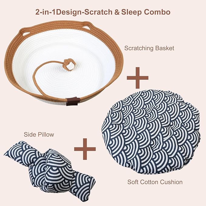 Instinct Basket,Stimulicat Cat Bed,Stimulicat Cat Bed Rope Cotton with Cushion,Eliminates Bed Rejection Round Pet Basket,Boho Catbed for Cats Handwoven Scratchable Breathable Weave (White, Large-A)