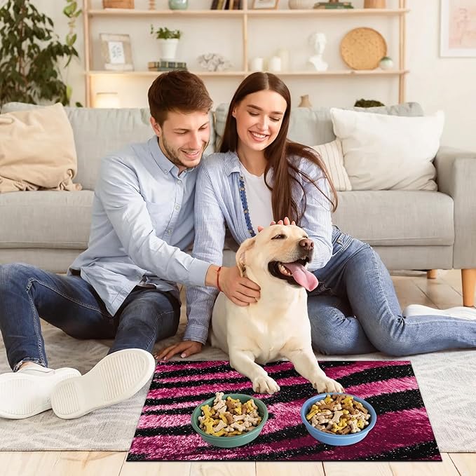 Tiger Skin Dog Food Mat for Floors Absorbent Dog Bowl Mat for Food and Water Dispenser Quick Dry Cat Food Placemat Pet Supplies 17" x 30", Pink Tiger Print