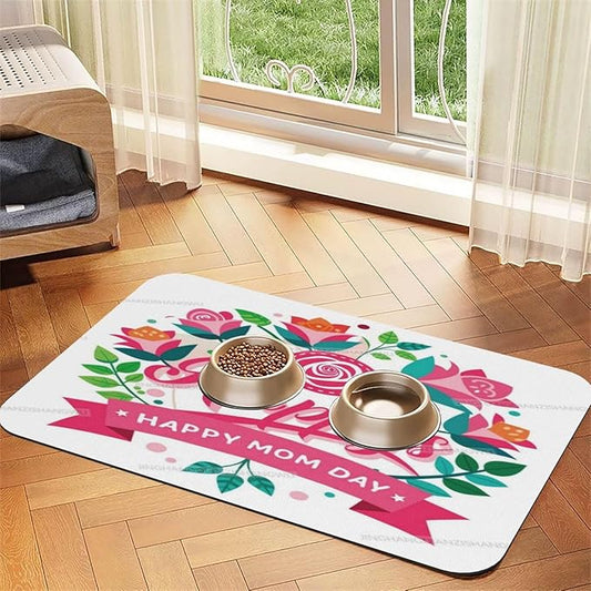 Dog Food Mats for Floors Absorbent Pet Cat Food Mat Happy Mother's Day Floral Gift Mom T Non Slip Dogs Bowl Mats for Water Dog Placemats Feeding Mat Pet Supplies 18X12In