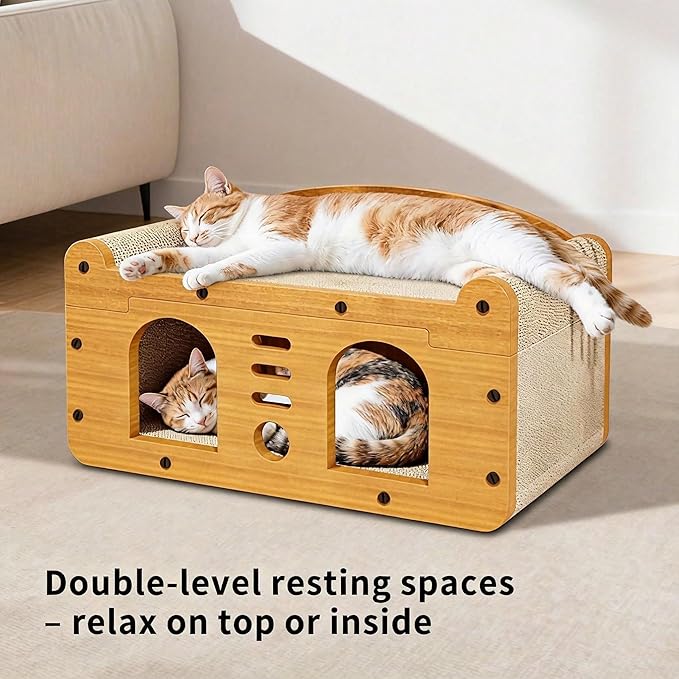 Multi-Function Cat Scratcher House Box,3-in-1 Scratch Pad and Soft Bed & Play Cave with Toys, Durable Build & Ideal for Cats/Kitty (Yellow,MD-DOOR1)