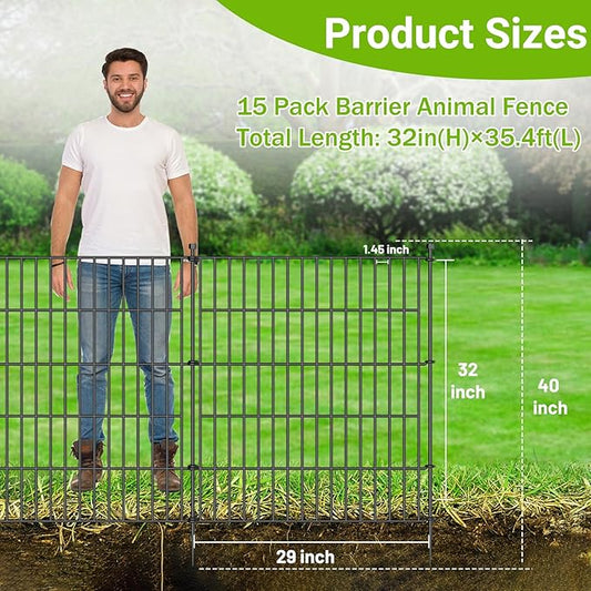 15 Panels No Dig Decorative Outdoor Garden Fence for Yard, 32 in(H) X 35.4 ft(L) Animal Barrier Fencing Rustproof Metal Wire Panel Border for Dog, Rabbits, and Patio Temporary Ground Stakes