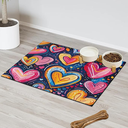 Heart Dog Food Mat for Floors Absorbent, Quick Dry Water Dispenser Mat for Food, Water, Pet Supplies 12" x 20", Love Theme