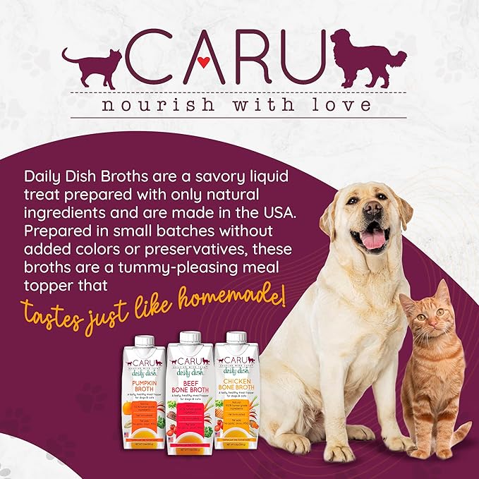 Caru - Daily Dish Beef Bone Broth - Meal Topper for Dogs & Cats - Supports Overall Pet Health - Pour-Over Broth for Wet/Dry Food - Human Grade Ingredients - Non-GMO - Made in USA - 17.6 oz - 1 Pack
