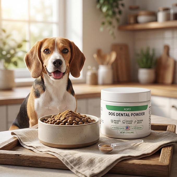 Kopo Dog Dental Powder - an Easy Solution for Extreme Bad Dog Breath with Intentionally Chosen Ingredients with Probiotics and Coenzyme Q10 - Made in USA for All Breed Size - Beef Liver Flavor