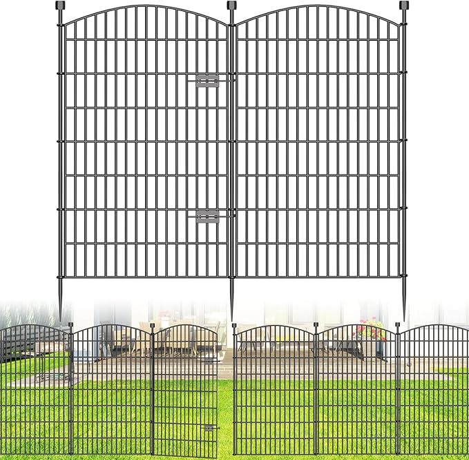 10 Panels No Dig Decorative Garden Fence with Gate - 48 in (H) x 26 ft (L), Dog Fence Outdoor for Yard, Rustproof Metal Animal Barrier Ground Stakes Fencing for Garden, Patio, Flower Bed