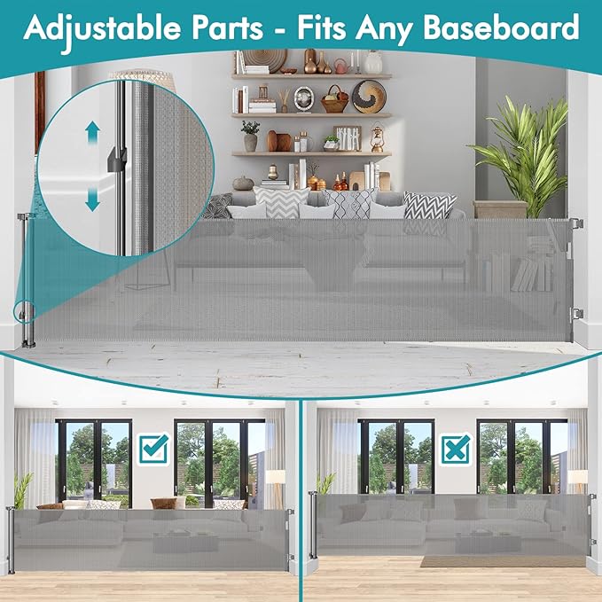 140 Inch Extra Wide Retractable Baby Gate Extra Long Dog Gate Indoor Outdoor Retractable Gate, Mesh Baby Gate Retractable Pet Gate for Large Openings, Large Dog Gate Retractable Gates for Dogs, Gray