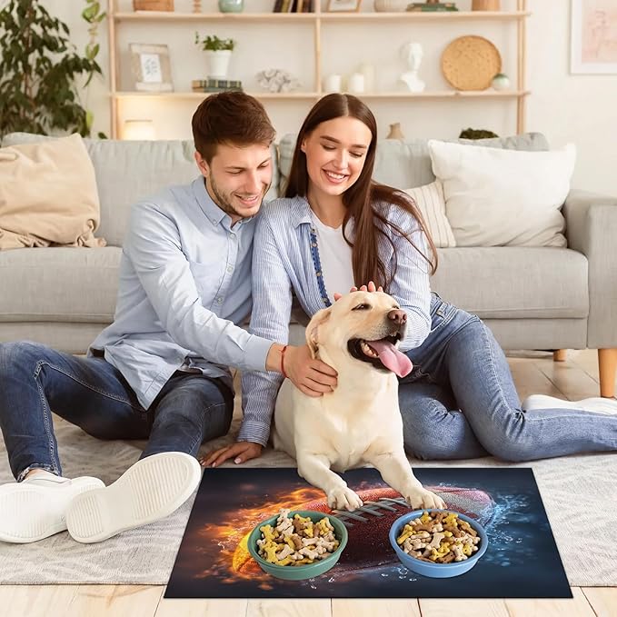 Fire Football Dog Food Mat for Floors Absorbent, Quick Dry Water Dispenser Mat for Food, Water, Pet Supplies 24" x 32", Lightning Rugby