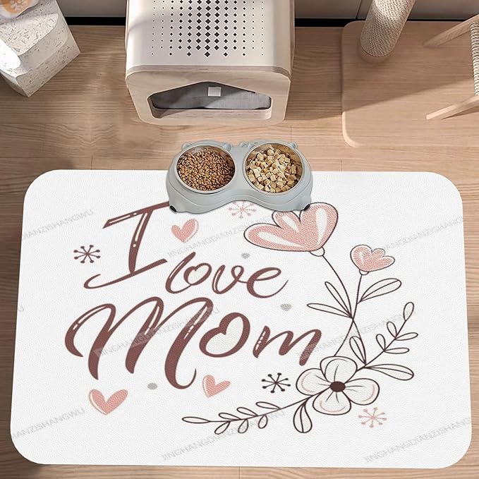 Dog Food Mats for Floors Happy Mother's Day I Love Mom Gift Mom Br Absorbent Pet Cat Food Mat Quick Dry Dog Bowl Mats for Water Pet Supplies 18X12In
