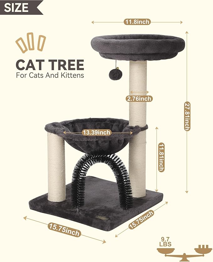FluffyDream Cat Tree Tower for Indoor Cats, 27.8 Inches Multi-Level Cat Tree with Scratching Posts Plush Basket & Perch for Play Rest, Cat Activity Tree with Dangling Ball for Kittens/Small Cats