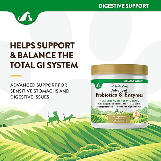 NaturVet β Advanced Probiotics & Enzymes - Plus Vet Strength PB6 Probiotic | Supports and Balances Pets with Sensitive Stomachs & Digestive Issues | for Dogs & Cats (4 oz)