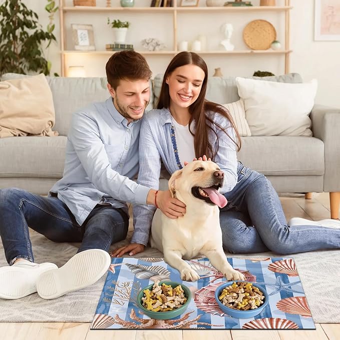 Shell Seahorse Dog Food Mat for Floors Absorbent Dog Bowl Mat for Food and Water Dispenser Quick Dry Cat Food Placemat Pet Supplies 24" x 32", Blue White Lines
