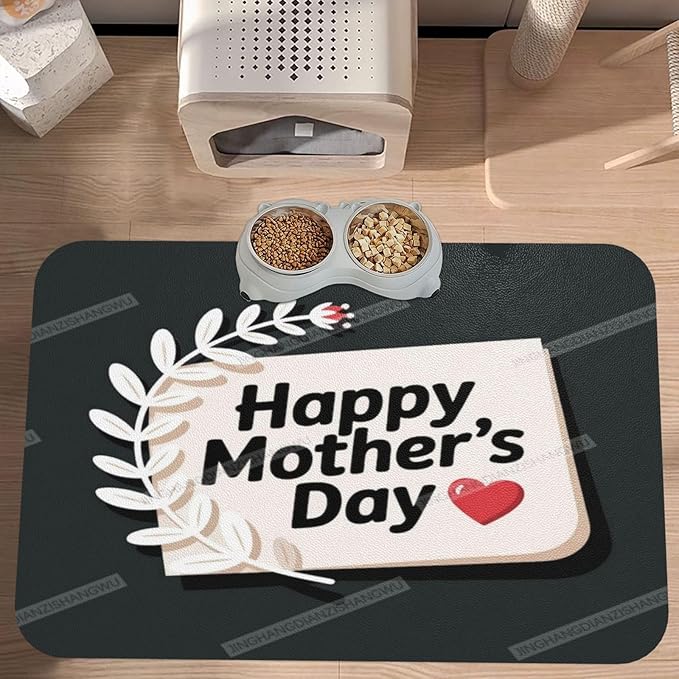 Non Slip Mat for Dog Pet Cat Dog Food Mats Happy Mother's Day Floral Gift for Mom Grey Fg Water Bowl Mat Quick Dry Absorbent Cat Feeding Mats 18X12In