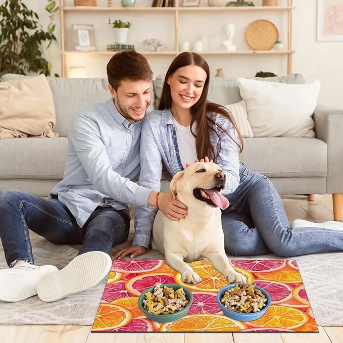 Lemon Fruit Dog Food Mat for Floors Absorbent Dog Bowl Mat for Food and Water Dispenser Quick Dry Cat Food Placemat Pet Supplies 17" x 30", Orange