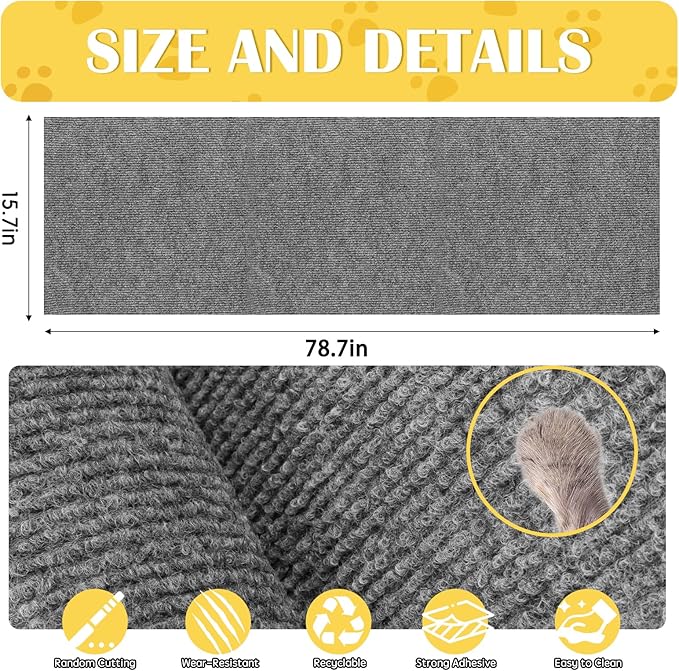 Self-Adhesive Cat Scratch Mat Trimmable Cat Scratching Post Carpet 79in Durable Carpet Mat Pad Replacement for Cat Tree Shelves Post Couch, Furniture, Walls & Doors DIY Cat Climbing Mat (Light Gray)