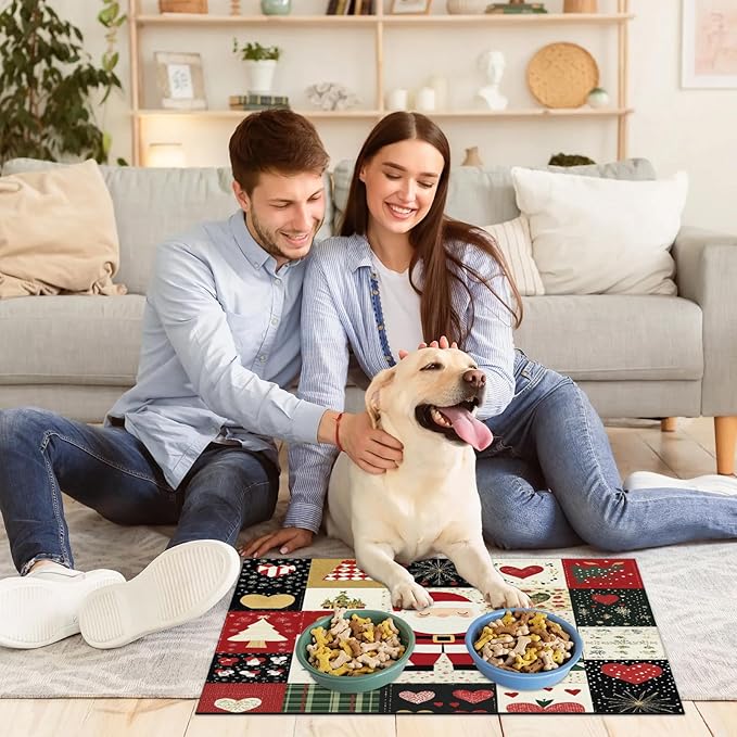 Santa Claus Dog Food Mat for Floors Absorbent, Quick Dry Water Dispenser Mat for Food, Water, Pet Supplies 16" x 24", Xmas Trees