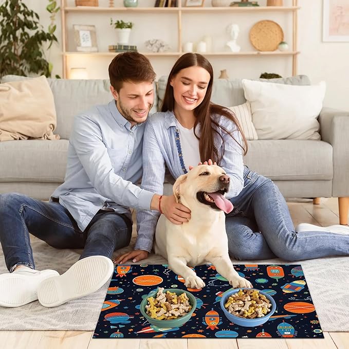 Outer Space Dog Food Mat for Floors Absorbent, Quick Dry Water Dispenser Mat for Food, Water, Pet Supplies 17" x 30", Rocket Planets