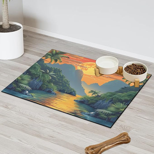Sea Mountain Dog Food Mat for Floors Absorbent, Quick Dry Water Dispenser Mat for Food, Water, Pet Supplies 12" x 20", Palm Tree
