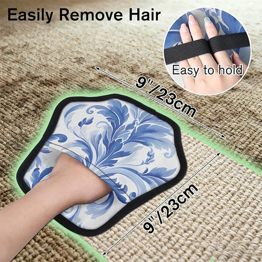 Blue Floral Style Electrostatic Pet Hair Removal Glove for Cats & Dogs - Reusable Grooming Mitt for Couch, Carpet, Car Seat & Laundry - Large 9x9 Inch