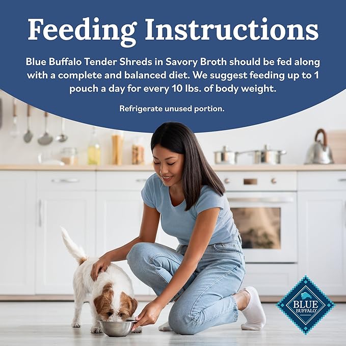 Blue Buffalo Tender Shreds Tasty Chicken Toppers in Savory Broth, Natural Dog Food Complement, Chicken, 2.5-oz. Pouch, 24-Count