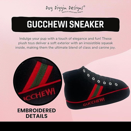 Dog Diggin Designs Gucchewi Plush Dog Toy Sneaker | Luxury-Inspired Parody Designer Bone with Squeaker, Soft Plush Chew & Play Dog Toy – Prêt-à-Porter Play!
