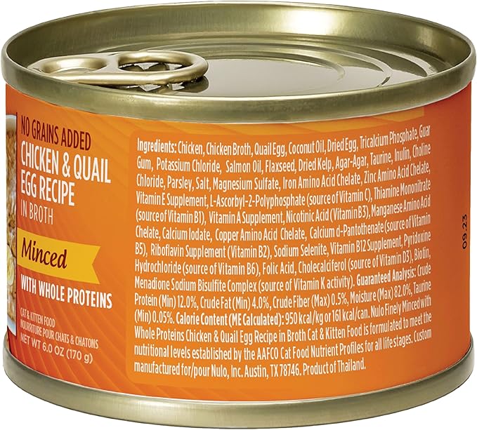 Nulo Minced with Whole Proteins Wet Canned Cat Food, Chicken with Whole Quail Egg in Broth, 6.0 Ounce, 8 Cans
