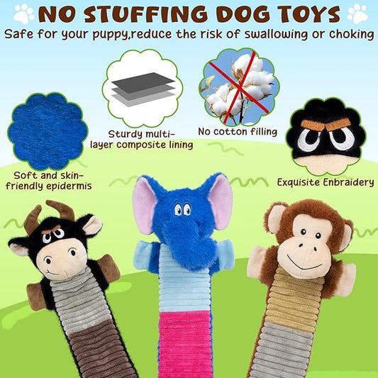 3 Pack No Stuffing Dog Squeaky Toys, Dog Chew Toys with Crinkle and Squeaker, Cute Animal PlushToys to Keep Them Busy, Suitable for Large, Medium and Small Breeds (Elephant&Monkey&Cattle