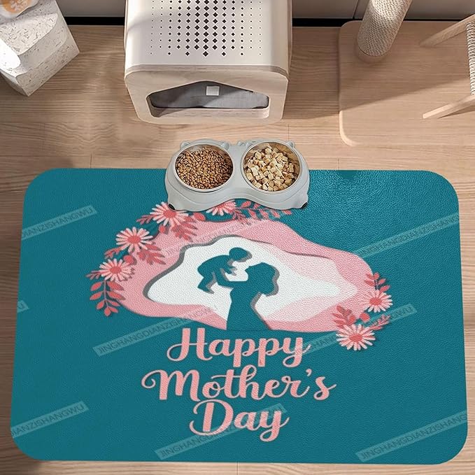 Pet Cat Dog Food Mat Absorbent Dog Feeding Mat Happy Mother's Day Floral Gift Mom Go No Stains Cat Food Mats Indoor Pet Accessories Supplies Dogs Placemat Water Bowl Mats with Rubber Backing 24x16In